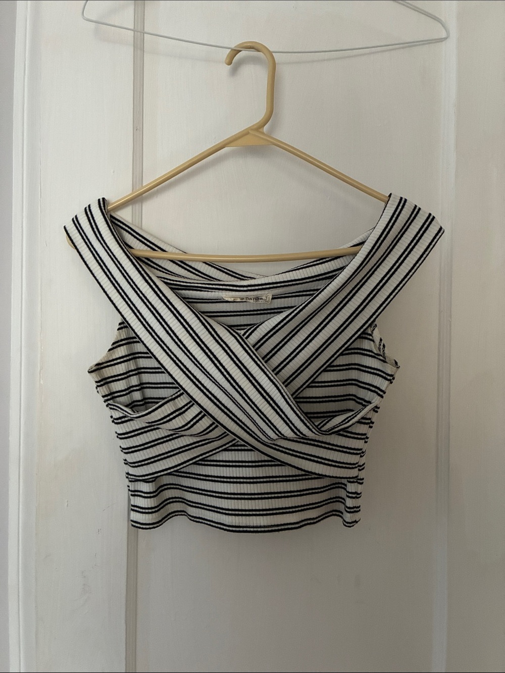 Bear Dance Striped Crisscross Crop Top - White & Black